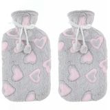 Warmwaterkruiken 2 liter met zachte fleece hoes lichtgrijs/hartjes 2x stuks - Kruiken