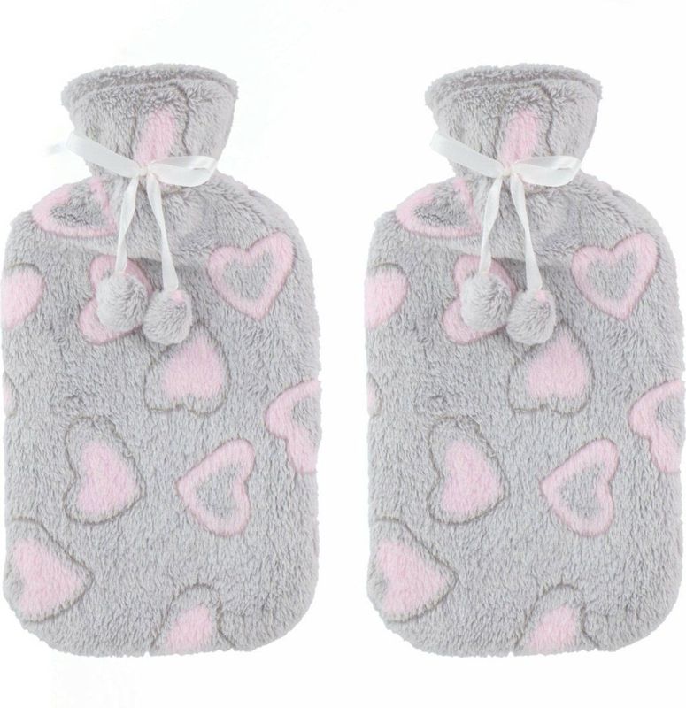 Warmwaterkruiken 2 liter met zachte fleece hoes lichtgrijs/hartjes 2x stuks - Kruiken