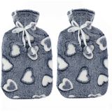 Warmwaterkruiken 2 liter met zachte fleece hoes grijs/hartjes 2x stuks - Kruiken