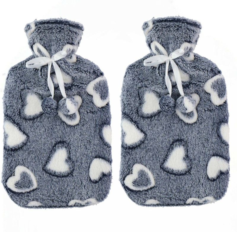 Warmwaterkruiken 2 liter met zachte fleece hoes grijs/hartjes 2x stuks - Kruiken