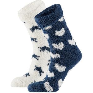 Dames bedsokken/huissokken 2-pak navy/ecru hartjes/sterren maat 36-41