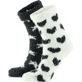 Dames bedsokken/huissokken 2-pak zwart/ecru hartjes/sterren maat 36-41