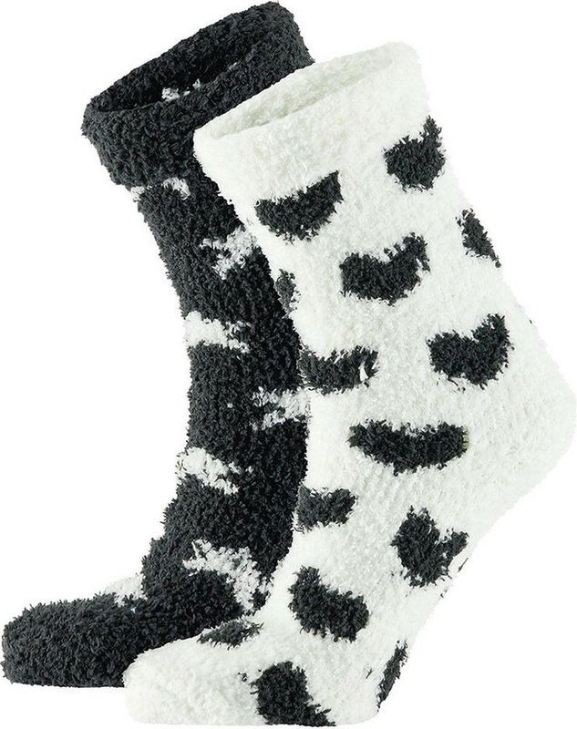 Dames bedsokken/huissokken 2-pak zwart/ecru hartjes/sterren maat 36-41