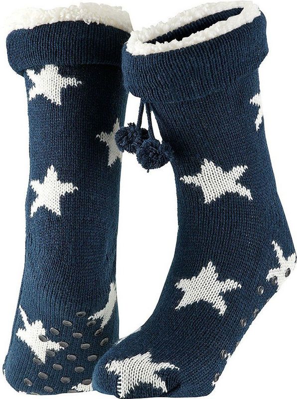 Apollo - Dames huissokken/slofsokken - navy/wit sterren - maat 36-41 - Anti-slip