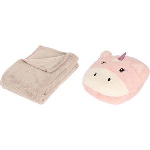Apollo - Fleece deken beige 125 x 150 cm met voetenwarmer slof Eenhoorn one size