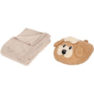Apollo - Fleece deken beige 125 x 150 cm met voetenwarmer slof Terrier hond one size