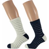 Apollo - Dames fluffy bedsokken/huissokken 2-pak navy blauw/wit maat 36-41
