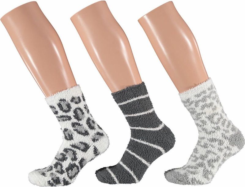 3-Pak dames fluffy bedsokken/huissokken animal/stripe maat 36-41