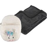 Apollo - Fleece deken donkergrijs 125 x 150 cm met voetenwarmer slof eenhoorn one size