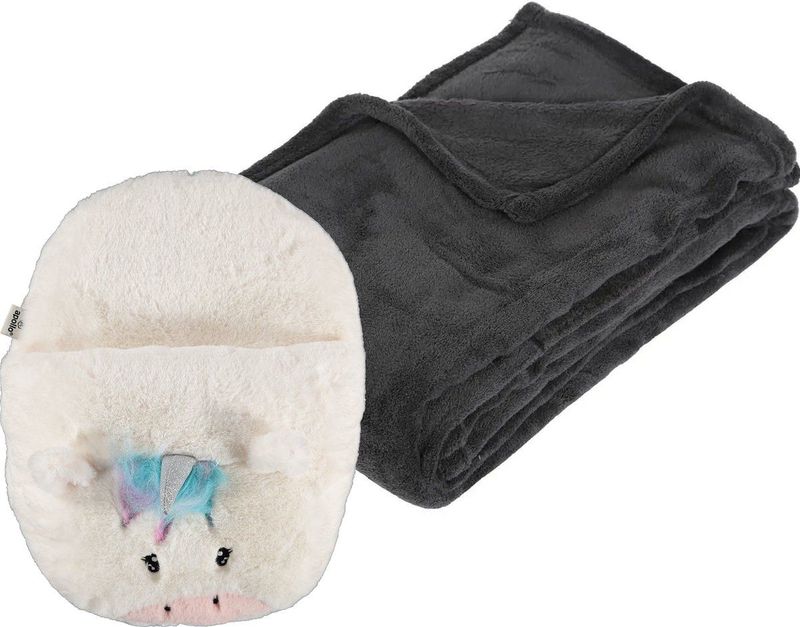 Apollo - Fleece deken donkergrijs 125 x 150 cm met voetenwarmer slof eenhoorn one size