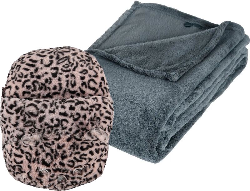 Apollo - Fleece deken blauwgrijs 125 x 150 cm met voetenwarmer slof cheetah one size