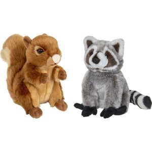 Nature Planet - Bosdieren pluche knuffels - 2x stuks - Eekhoorn en Wasbeer - 18 cm