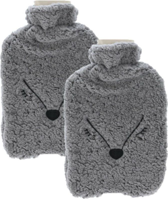 Home & Styling Kruik - 2x stuks - fleece hoes vos grijs - 2 liter