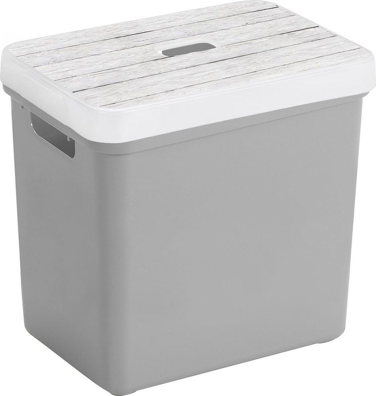 Sunware Opbergbox - lichtgrijs - 25L - kunststof met houtkleur deksel