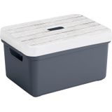 Sunware Opbergbox - donkerblauw - 13L - kunststof met houtkleur deksel