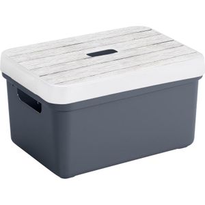 Sunware Opbergbox - donkerblauw - 13L - kunststof met houtkleur deksel
