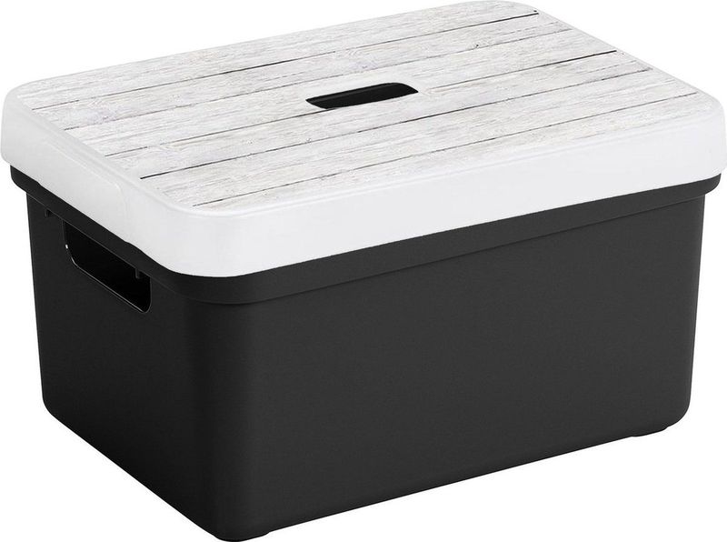 Sunware Opbergbox - zwart - 13L - kunststof met houtkleur deksel