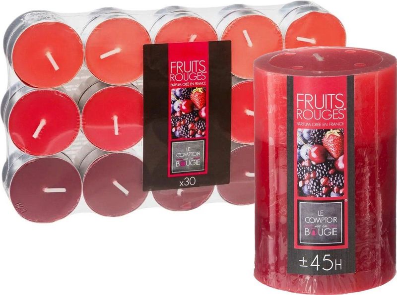 Geurkaarsen set - 1x stompkaars en 30x theelichtjes - Rood fruit