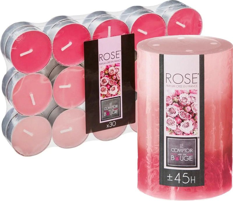 Geurkaarsen set - 1x stompkaars en 30x theelichtjes - Rozen