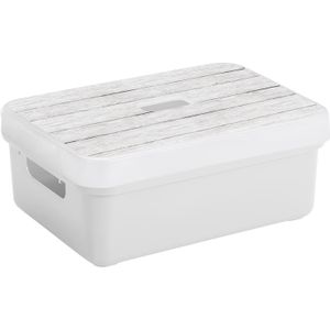 Sunware Opbergbox - wit - 9L - kunststof met houtkleur deksel