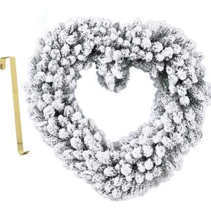 Kerstkrans - hart vorm - sneeuw - 50 cm- kunststof - incl. deurhanger