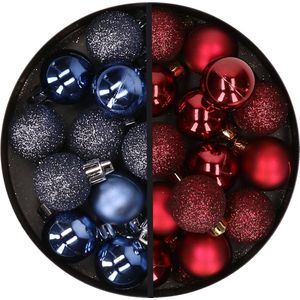 Kerstballen 34x st - 3 cm - donkerblauw en donkerrood - kunststof