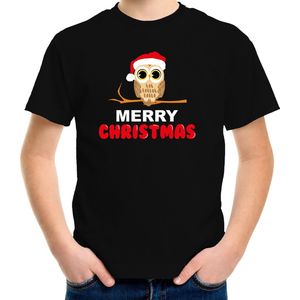 Bellatio Decorations dieren Kerst t-shirt Christmas uil zwart - kinderen 110 116