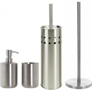 Excellent Houseware - WC-/toiletborstel en houder rvs - zeeppompje - beker - toiletrollenhouder