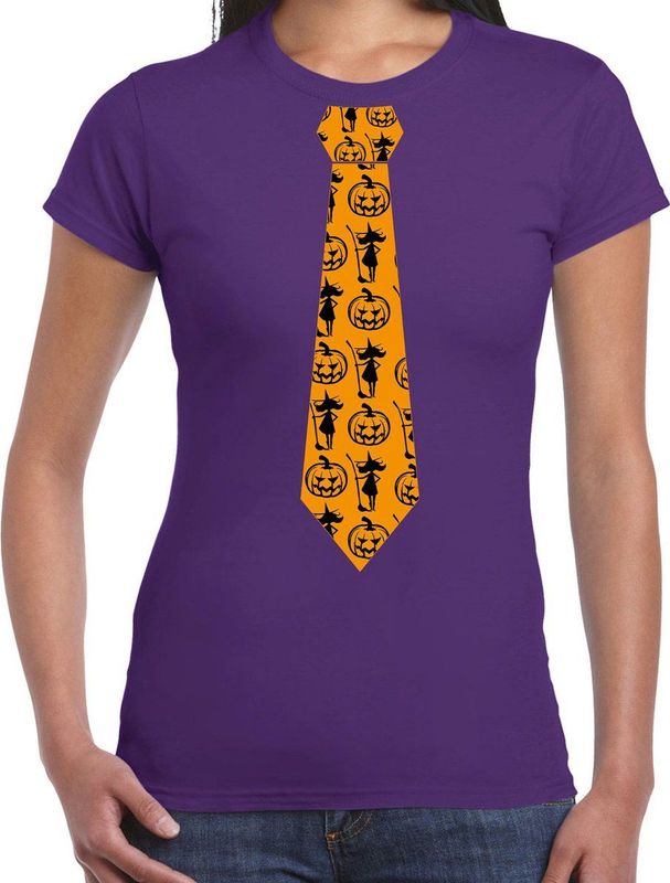 Bellatio Decorations Halloween thema verkleed feest stropdas t-shirt heks en pompoen - dames