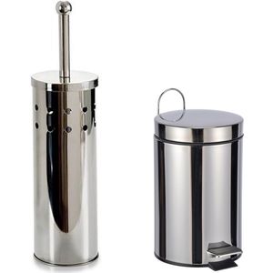 HI - Toiletborstel houder zilver rvs 38 cm met pedaalemmer 3 liter