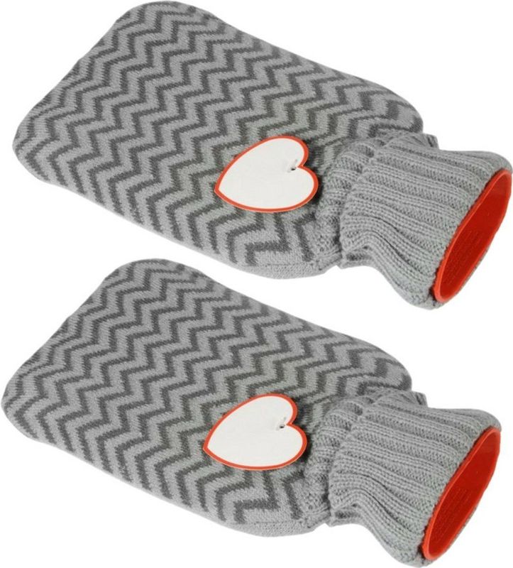 Inspirion Warmwaterkruik - 2x stuks - met hartje - grijs - 0,75 liter -24 x 14 cm - Valentijnsdag cadeau