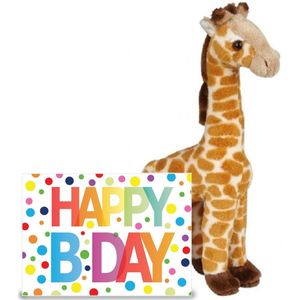 Ravensden - Verjaardag cadeau giraffe 23 cm met Happy Birthday wenskaart