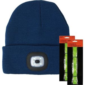 Benson Hardloop set winter - LED wintermuts/beanie blauw - LED Hardloop reflectie bandje