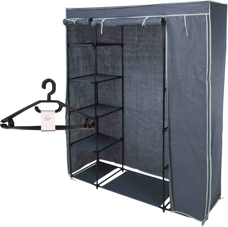 Mobiele Kledingkast - Opvouwbaar - Grijs - Non Woven Stof - Incl 10 Hangers
