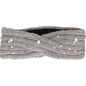 Winter hoofdband - licht grijs - met parels - fleece voering - dames