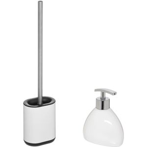 5Five - WC-/toiletborstel plat in houder - wit - Zeeppompje 300 ml
