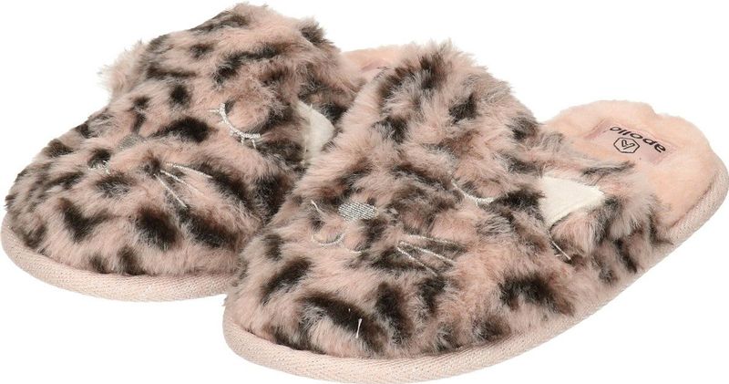 Apollo slippers pantoffels luipaardprint - 1x paar - roze - polytester