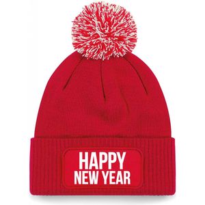 Bellatio Decorations Happy New Year muts met pompon - one size - rood