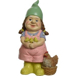 Decoris Tuinkabouter vrouw met haan en kuikens - kunststeen - H23 cm