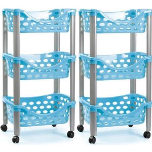 Set van 2x keukentrolley/roltafel 3 laags kunststof blauw 40 x 65 cm