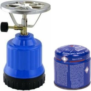 Camping kookstel - kunststof - blauw - incl. gas navulling priktank - 190 gram