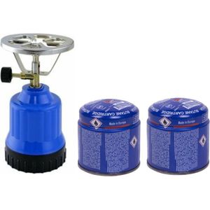 Camping kookstel - kunststof - blauw - incl. 2x gas navulling priktank - 190 gram