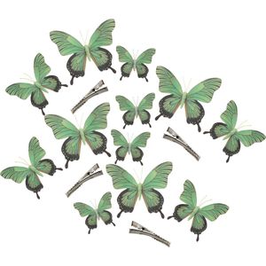 Othmar Decorations Decoratie vlinders op clip 12x stuks - groen - 3 formaten - 12/16/20 cm