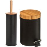 Zeller Badkamer/toilet accessoires set - WC-borstel/pedaalemmer- zwart - metaal/bamboe