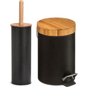 Zeller Badkamer/toilet accessoires set - WC-borstel/pedaalemmer- zwart - metaal/bamboe