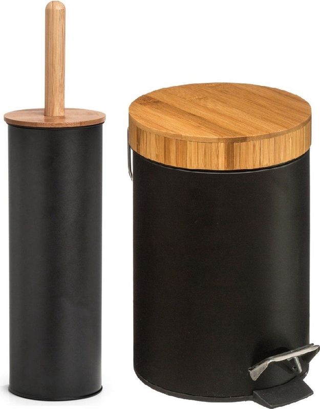 Zeller Badkamer/toilet accessoires set - WC-borstel/pedaalemmer- zwart - metaal/bamboe