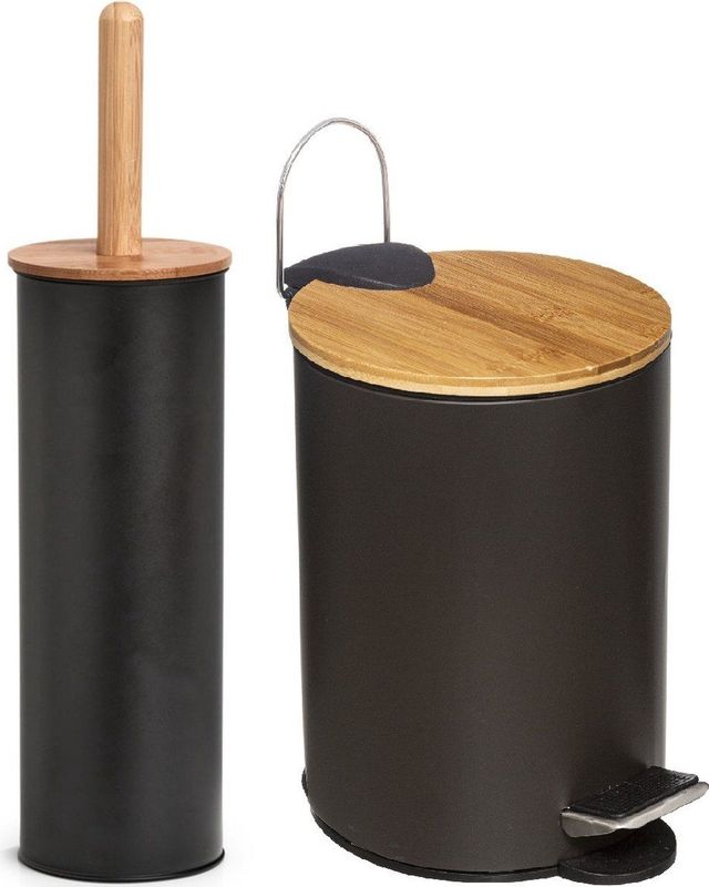 Zeller Badkamer/toilet accessoires set - WC-borstel/pedaalemmer- zwart - metaal/bamboe