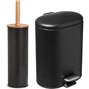 Zeller Badkamer/toilet accessoires set - WC-borstel/pedaalemmer 6L- zwart - metaal/bamboe