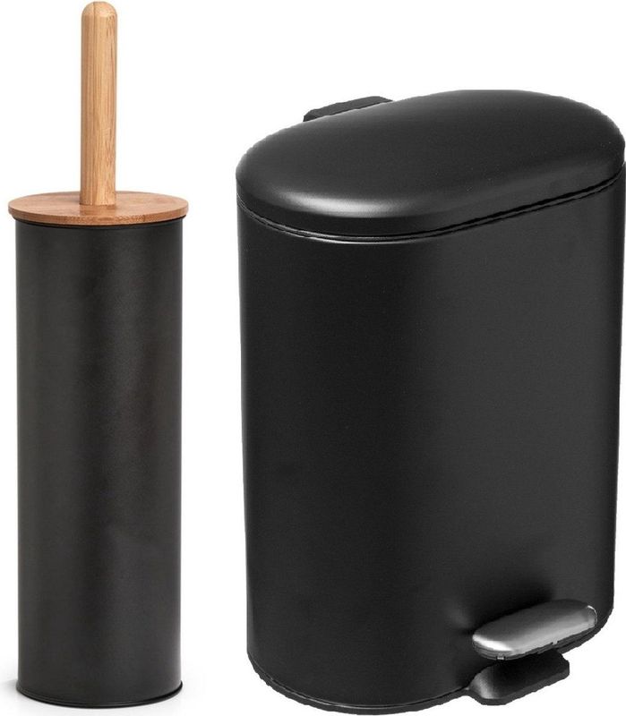 Zeller Badkamer/toilet accessoires set - WC-borstel/pedaalemmer 6L- zwart - metaal/bamboe