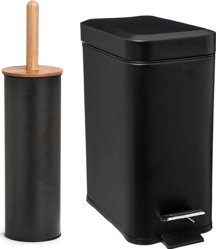 Zeller Badkamer/toilet accessoires set - WC-borstel/pedaalemmer 5L- zwart - metaal/bamboe